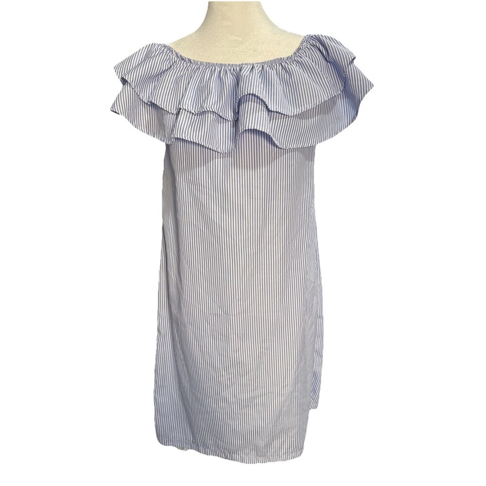 Blue/White Striped Off-Shoulder Ruffle Dress Sz SM Beachy Nautical Cottagecore